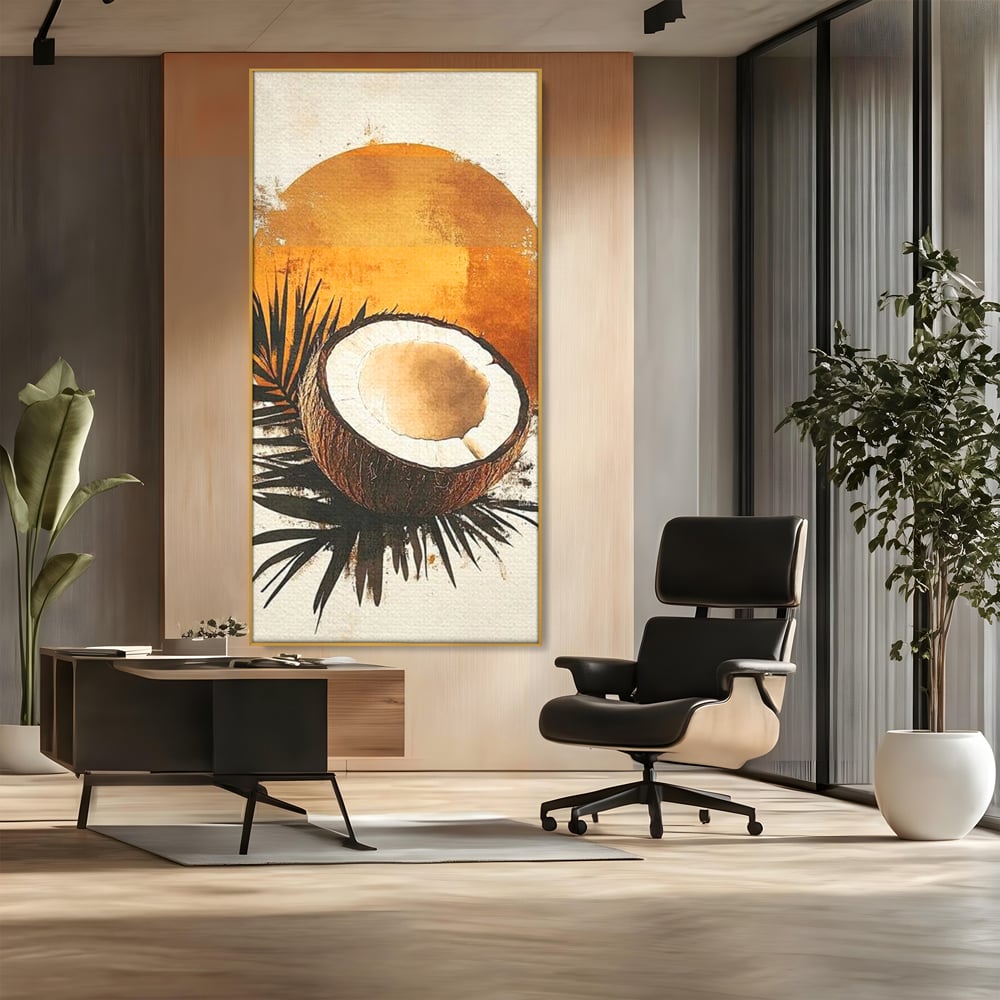 Tablou canvas cu tablou canvas cu nuca de cocos si soare portocaliu, in rama de aluminiu auriu, pe perete intr-un birou